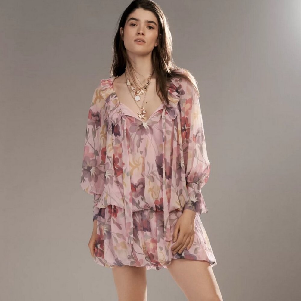 Mare Mare Long-Sleeve Mini Dress by Anthropologie Blush Pink Floral Print S NWT